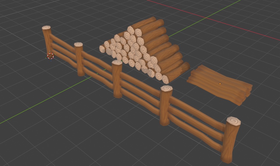 Screenshot of wooden fence assets in Blender
