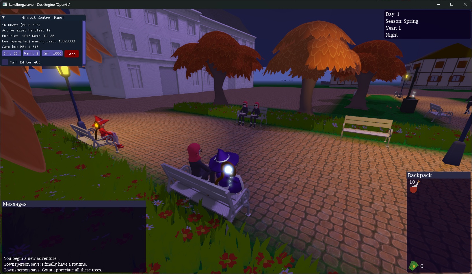 Screenshot of characters sitting on benches